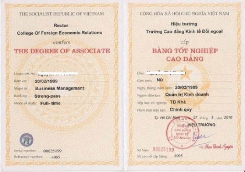 Làm bằng cao đẳng Kinh tế Đối Ngoại có hồ sơ gốc tại tpHCM chất lượng