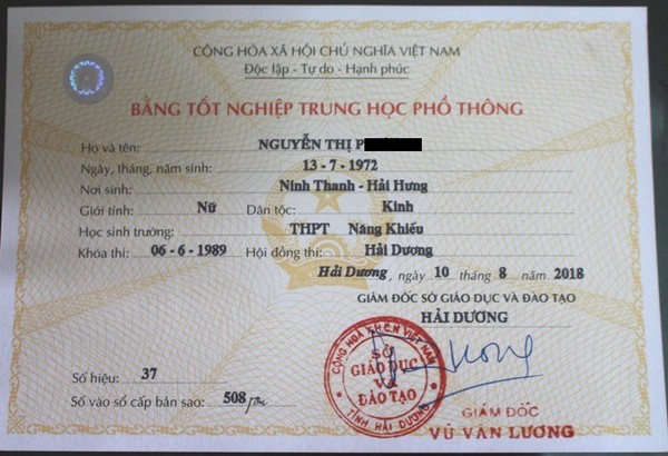 Bằng cấp 3 THPT Năng Khiếu Hải Dương - Mặt trước